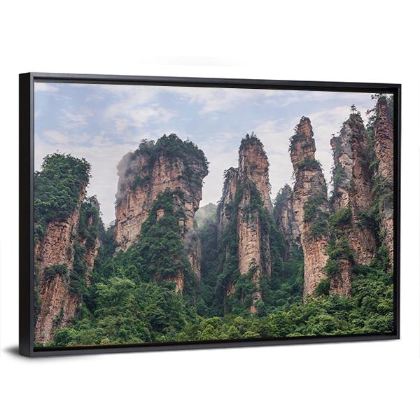 Pillars Of Zhangjiajie Under Cloudy Sky Canvas Wall Art-3 Horizontal-Gallery Wrap-25" x 16"-Tiaracle