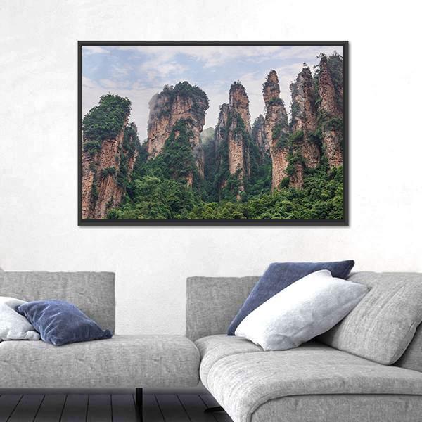 Pillars Of Zhangjiajie Under Cloudy Sky Canvas Wall Art-3 Horizontal-Gallery Wrap-25" x 16"-Tiaracle