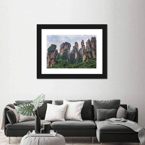 Pillars Of Zhangjiajie Under Cloudy Sky Canvas Wall Art-3 Horizontal-Gallery Wrap-25" x 16"-Tiaracle