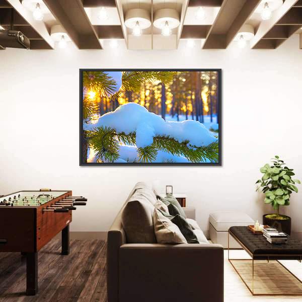 Pine Branch In Snow Winter Sunset In The Forest Canvas Wall Art-5 Horizontal-Gallery Wrap-22" x 12"-Tiaracle