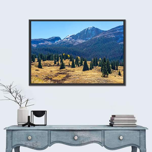 Pine Forest And Mountains Canvas Wall Art-1 Piece-Floating Frame-24" x 16"-Tiaracle