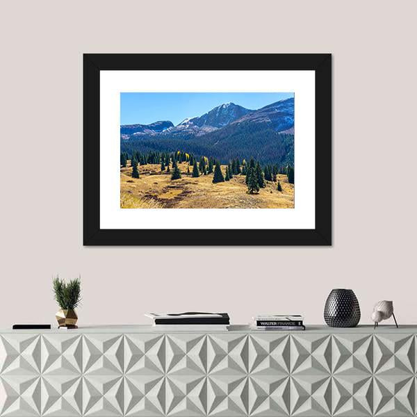 Pine Forest And Mountains Canvas Wall Art-1 Piece-Framed Print-20" x 16"-Tiaracle