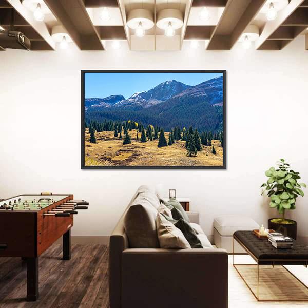 Pine Forest And Mountains Canvas Wall Art-3 Horizontal-Gallery Wrap-25" x 16"-Tiaracle