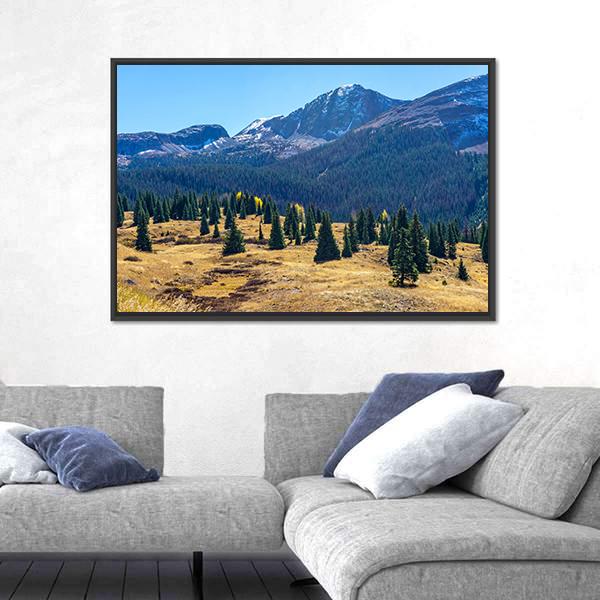 Pine Forest And Mountains Canvas Wall Art-3 Horizontal-Gallery Wrap-25" x 16"-Tiaracle