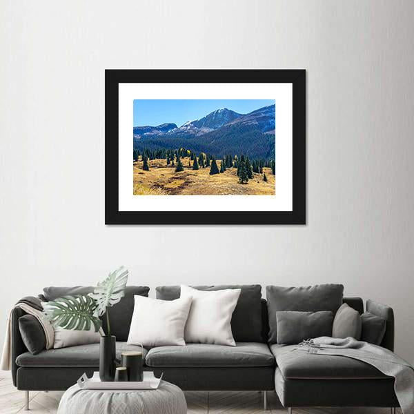 Pine Forest And Mountains Canvas Wall Art-3 Horizontal-Gallery Wrap-25" x 16"-Tiaracle