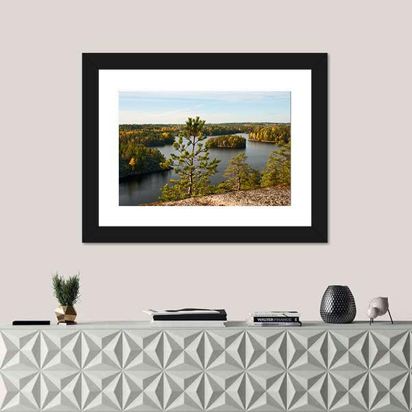 Pine Tree Autumn Lake Landscape Canvas Wall Art-1 Piece-Framed Print-20" x 16"-Tiaracle