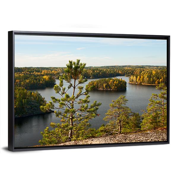 Pine Tree Autumn Lake Landscape Canvas Wall Art-3 Horizontal-Gallery Wrap-25" x 16"-Tiaracle