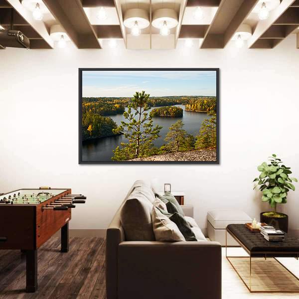 Pine Tree Autumn Lake Landscape Canvas Wall Art-3 Horizontal-Gallery Wrap-25" x 16"-Tiaracle
