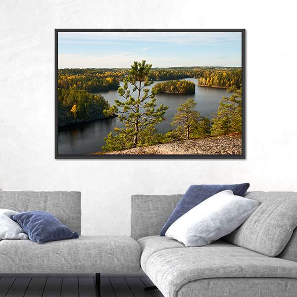 Pine Tree Autumn Lake Landscape Canvas Wall Art-3 Horizontal-Gallery Wrap-25" x 16"-Tiaracle