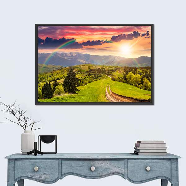 Pine Trees By The Road Through Meadow On Hillside Canvas Wall Art-1 Piece-Floating Frame-24" x 16"-Tiaracle
