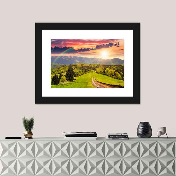 Pine Trees By The Road Through Meadow On Hillside Canvas Wall Art-1 Piece-Framed Print-20" x 16"-Tiaracle