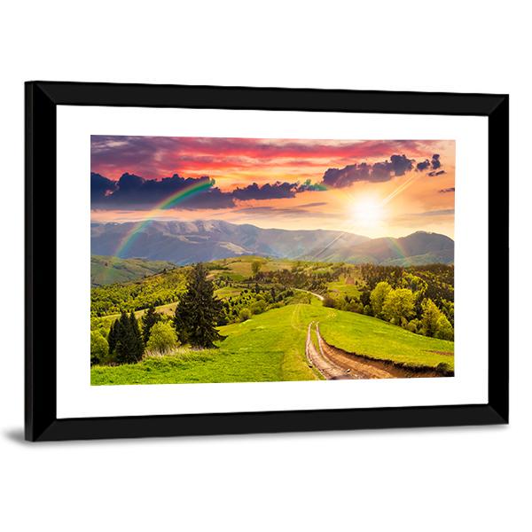 Pine Trees By The Road Through Meadow On Hillside Canvas Wall Art-3 Horizontal-Gallery Wrap-25" x 16"-Tiaracle