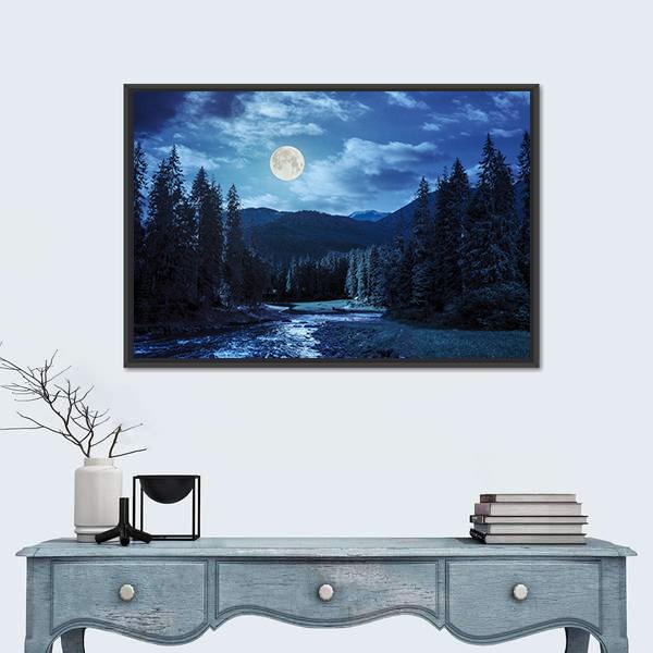Pine Trees In Mountains And A River Canvas Wall Art-1 Piece-Floating Frame-24" x 16"-Tiaracle