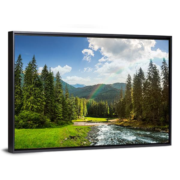 Pine Trees In Mountains And A River Canvas Wall Art-1 Piece-Floating Frame-36" x 24"-Tiaracle