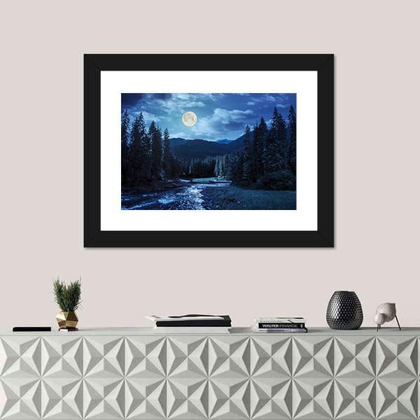Pine Trees In Mountains And A River Canvas Wall Art-1 Piece-Framed Print-20" x 16"-Tiaracle