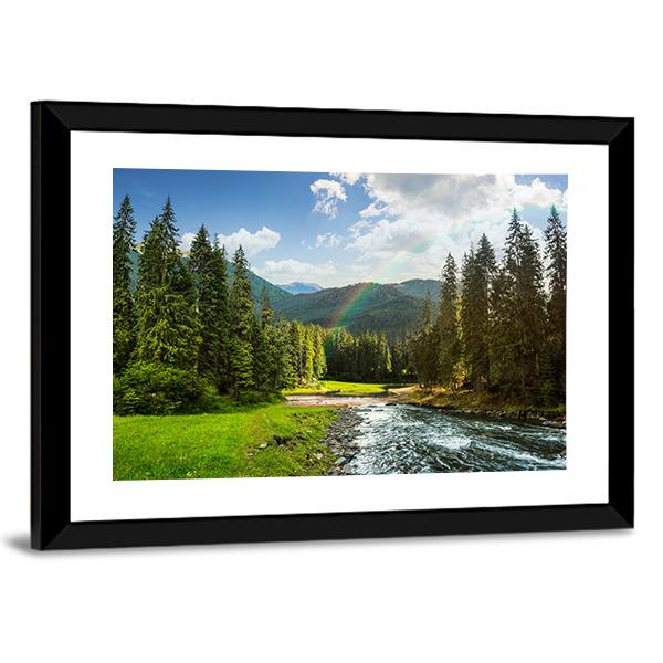 Pine Trees In Mountains And A River Canvas Wall Art-1 Piece-Framed Print-30" x 20"-Tiaracle