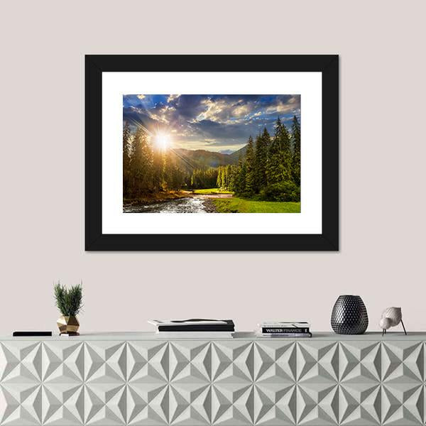 Pine Trees In Mountains And A River Canvas Wall Art-1 Piece-Framed Print-30" x 20"-Tiaracle