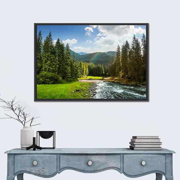Pine Trees In Mountains And A River Canvas Wall Art-5 Horizontal-Gallery Wrap-22" x 12"-Tiaracle