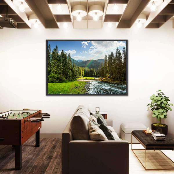 Pine Trees In Mountains And A River Canvas Wall Art-5 Horizontal-Gallery Wrap-22" x 12"-Tiaracle
