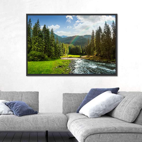Pine Trees In Mountains And A River Canvas Wall Art-5 Horizontal-Gallery Wrap-22" x 12"-Tiaracle