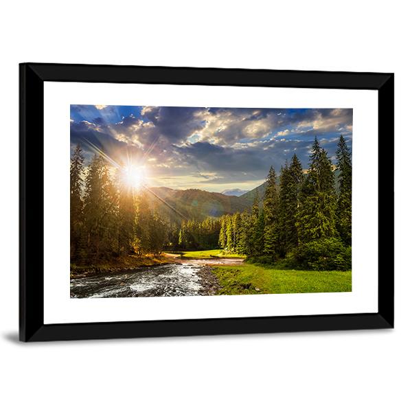 Pine Trees In Mountains And A River Canvas Wall Art-5 Horizontal-Gallery Wrap-22" x 12"-Tiaracle