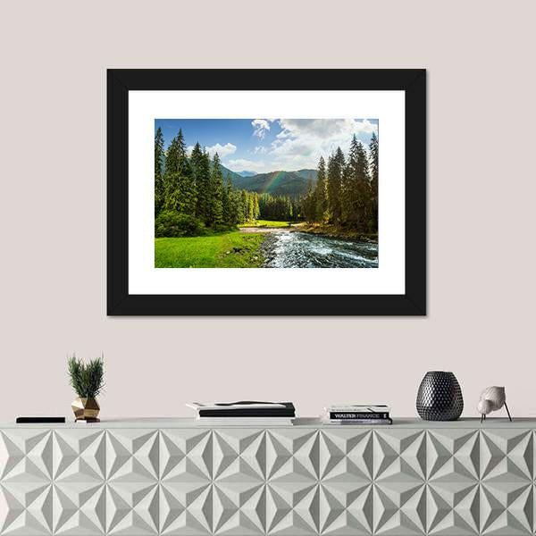 Pine Trees In Mountains And A River Canvas Wall Art-5 Horizontal-Gallery Wrap-22" x 12"-Tiaracle