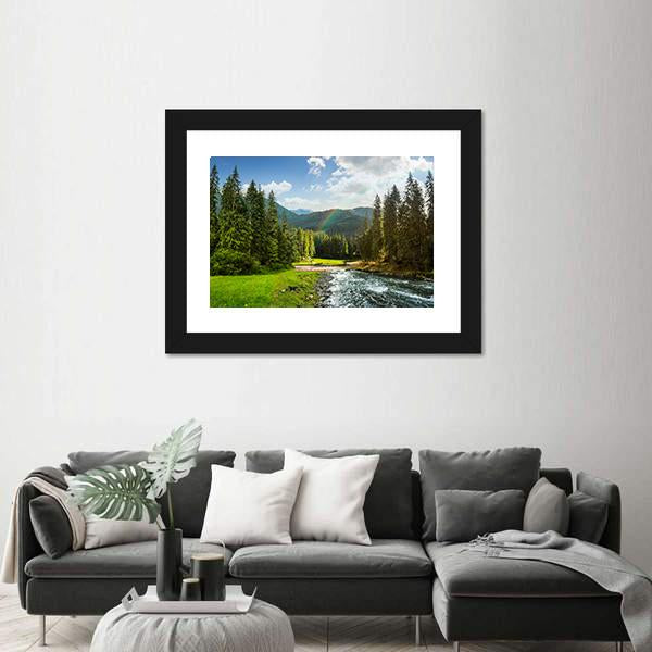 Pine Trees In Mountains And A River Canvas Wall Art-5 Horizontal-Gallery Wrap-22" x 12"-Tiaracle