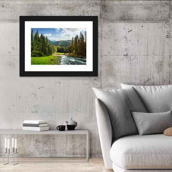 Pine Trees In Mountains And A River Canvas Wall Art-5 Horizontal-Gallery Wrap-22" x 12"-Tiaracle