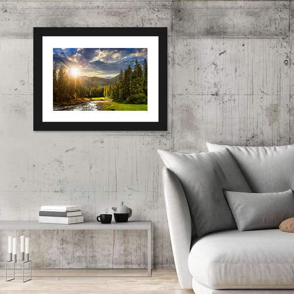 Pine Trees In Mountains And A River Canvas Wall Art-5 Horizontal-Gallery Wrap-22" x 12"-Tiaracle