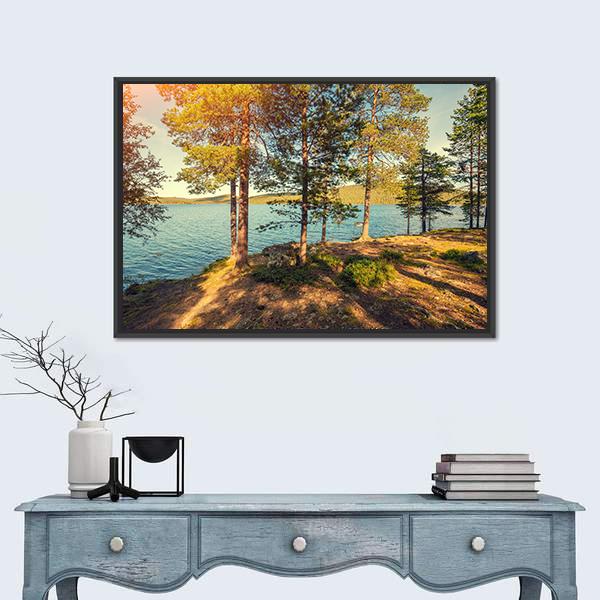Pine Trees Near Sea In Finland Canvas Wall Art-1 Piece-Floating Frame-24" x 16"-Tiaracle