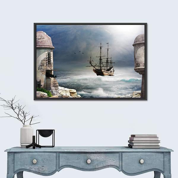 Pirate Ship Anchored In Bay Of A Fort Canvas Wall Art-1 Piece-Floating Frame-24" x 16"-Tiaracle