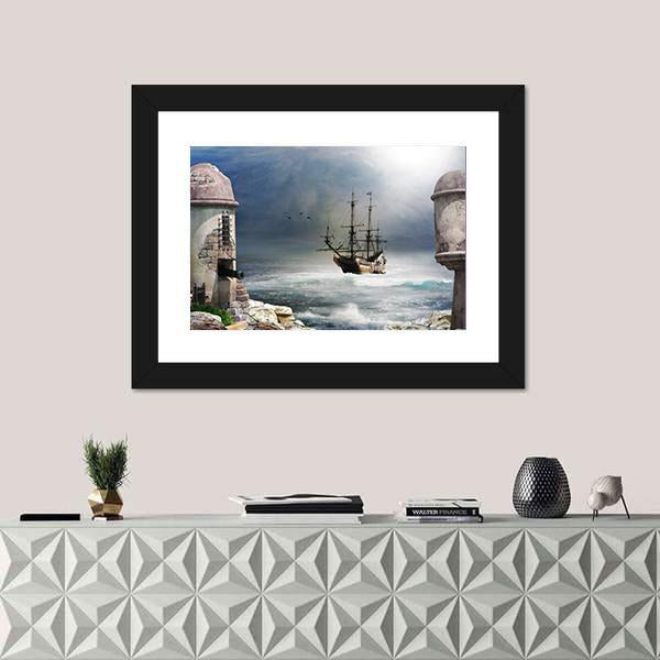 Pirate Ship Anchored In Bay Of A Fort Canvas Wall Art-1 Piece-Framed Print-20" x 16"-Tiaracle