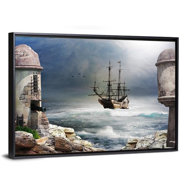 Pirate Ship Anchored In Bay Of A Fort Canvas Wall Art-3 Horizontal-Gallery Wrap-25" x 16"-Tiaracle