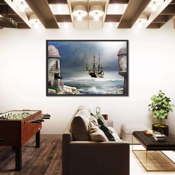 Pirate Ship Anchored In Bay Of A Fort Canvas Wall Art-3 Horizontal-Gallery Wrap-25" x 16"-Tiaracle