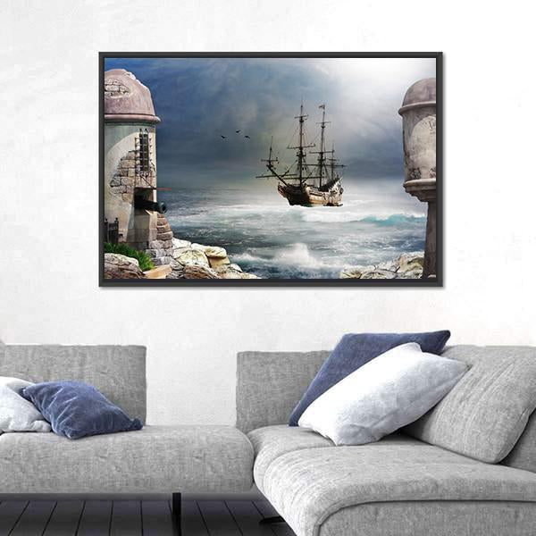 Pirate Ship Anchored In Bay Of A Fort Canvas Wall Art-3 Horizontal-Gallery Wrap-25" x 16"-Tiaracle