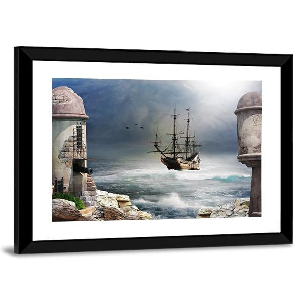 Pirate Ship Anchored In Bay Of A Fort Canvas Wall Art-3 Horizontal-Gallery Wrap-25" x 16"-Tiaracle