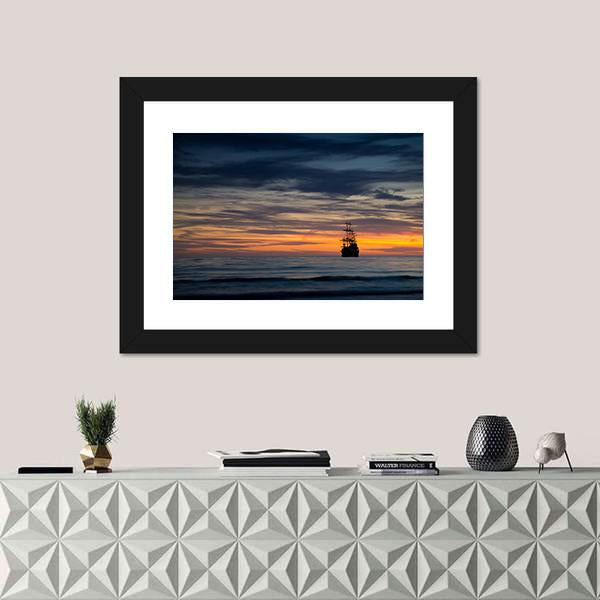 Pirate Ship At Sunset Canvas Wall Art-1 Piece-Framed Print-20" x 16"-Tiaracle