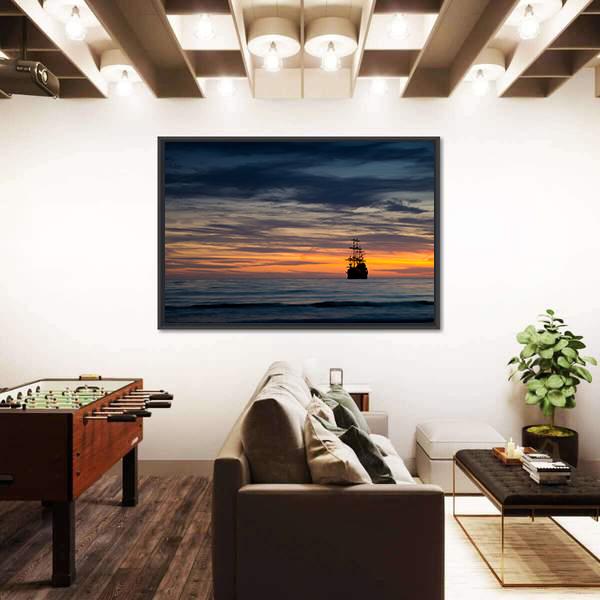 Pirate Ship At Sunset Canvas Wall Art-3 Horizontal-Gallery Wrap-25" x 16"-Tiaracle
