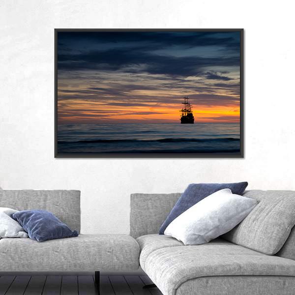 Pirate Ship At Sunset Canvas Wall Art-3 Horizontal-Gallery Wrap-25" x 16"-Tiaracle