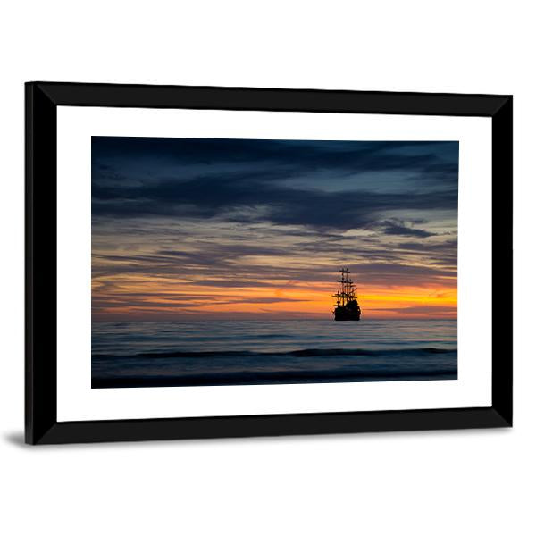 Pirate Ship At Sunset Canvas Wall Art-3 Horizontal-Gallery Wrap-25" x 16"-Tiaracle