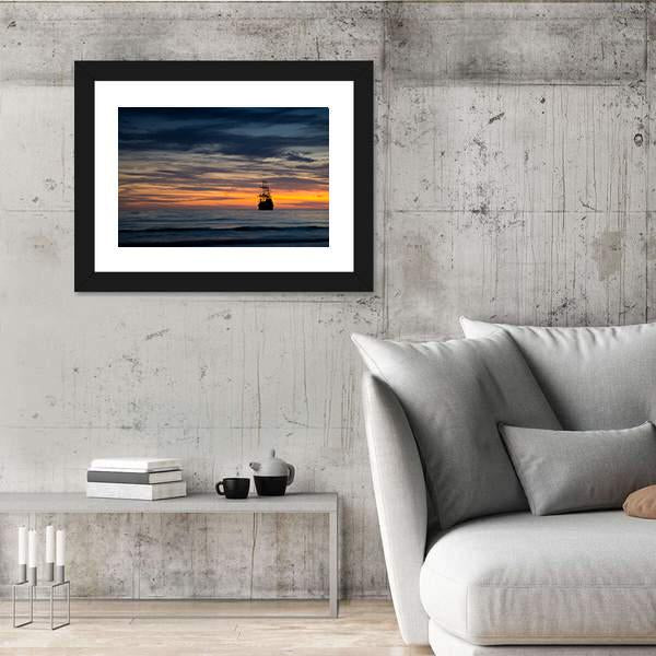 Pirate Ship At Sunset Canvas Wall Art-3 Horizontal-Gallery Wrap-25" x 16"-Tiaracle