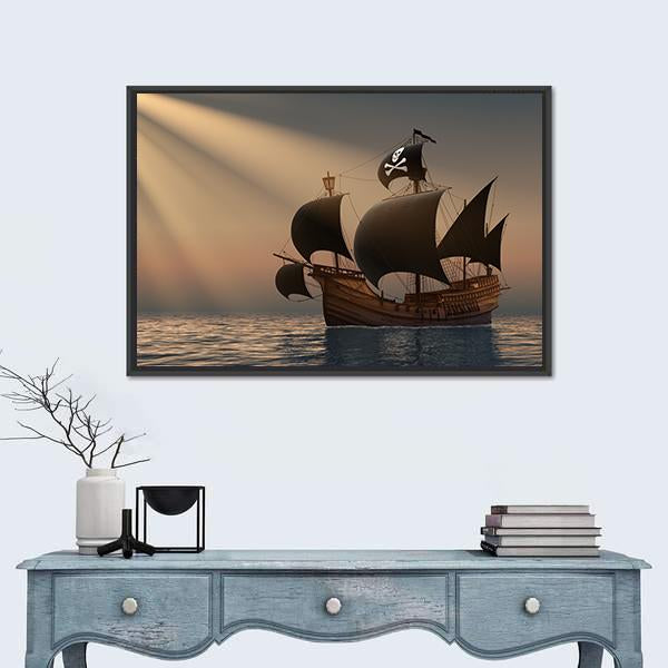 Pirate Ship In Rays Of The Sun Canvas Wall Art-1 Piece-Floating Frame-36" x 24"-Tiaracle