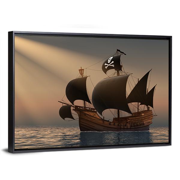 Pirate Ship In Rays Of The Sun Canvas Wall Art-3 Horizontal-Gallery Wrap-25" x 16"-Tiaracle