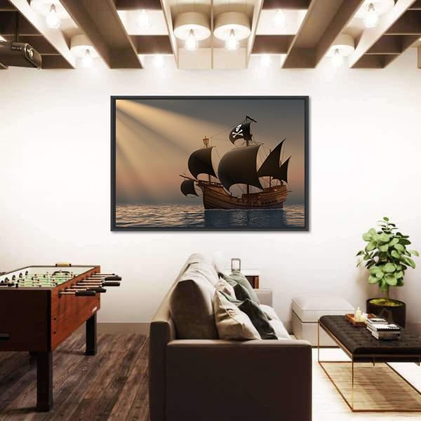 Pirate Ship In Rays Of The Sun Canvas Wall Art-3 Horizontal-Gallery Wrap-25" x 16"-Tiaracle