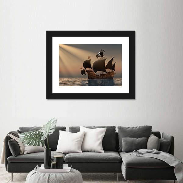 Pirate Ship In Rays Of The Sun Canvas Wall Art-5 Horizontal-Gallery Wrap-22" x 12"-Tiaracle