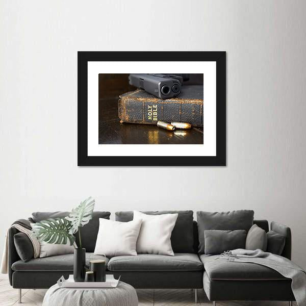 Pistol And Ammo With Bible Canvas Wall Art-1 Piece-Framed Print-20&quot; x 16&quot;-Tiaracle