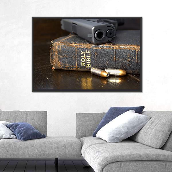 Pistol And Ammo With Bible Canvas Wall Art-5 Horizontal-Gallery Wrap-22" x 12"-Tiaracle