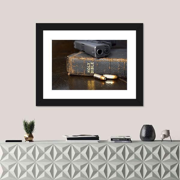 Pistol And Ammo With Bible Canvas Wall Art-5 Horizontal-Gallery Wrap-22" x 12"-Tiaracle
