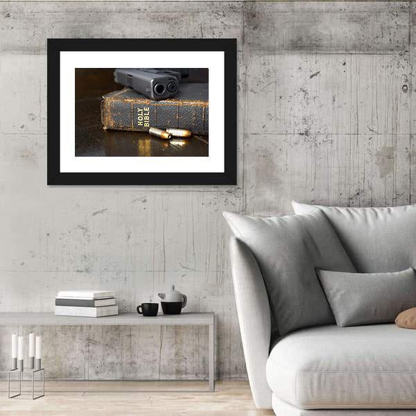 Pistol And Ammo With Bible Canvas Wall Art-5 Horizontal-Gallery Wrap-22" x 12"-Tiaracle