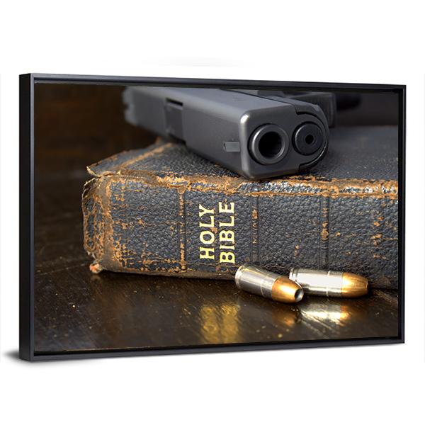 Pistol And Ammo With Bible Canvas Wall Art-5 Horizontal-Gallery Wrap-22" x 12"-Tiaracle